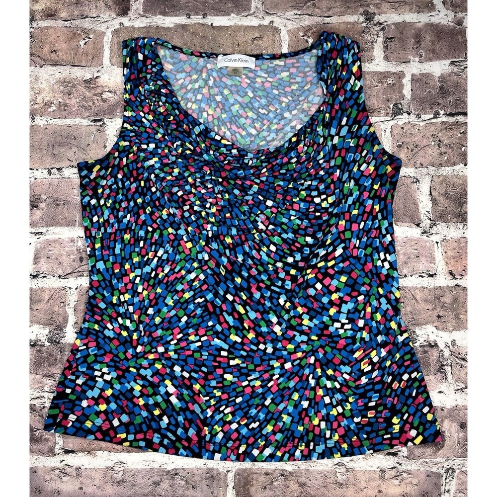 VTG Calvin Klein Petite Small Cowl Neck Blouse 90s Y2K Geometric Mosaic Print PS